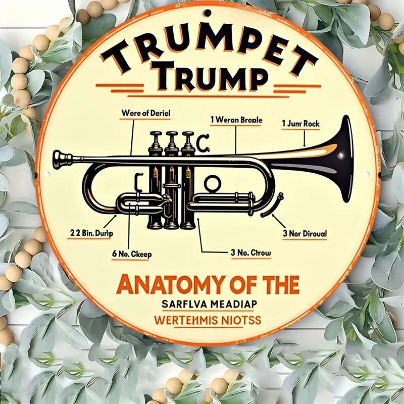 1pc Vintage Trumpet Anatomy Metal Wall Art Plaque 20.32cm Round Aluminum Decor Detailed Trumpet