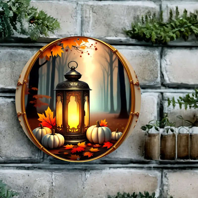 1pc Rustic Lantern Pumpkin Design Aluminum Wall Sign 19.99 cm Round Safe Rounded Corners Easy Instal