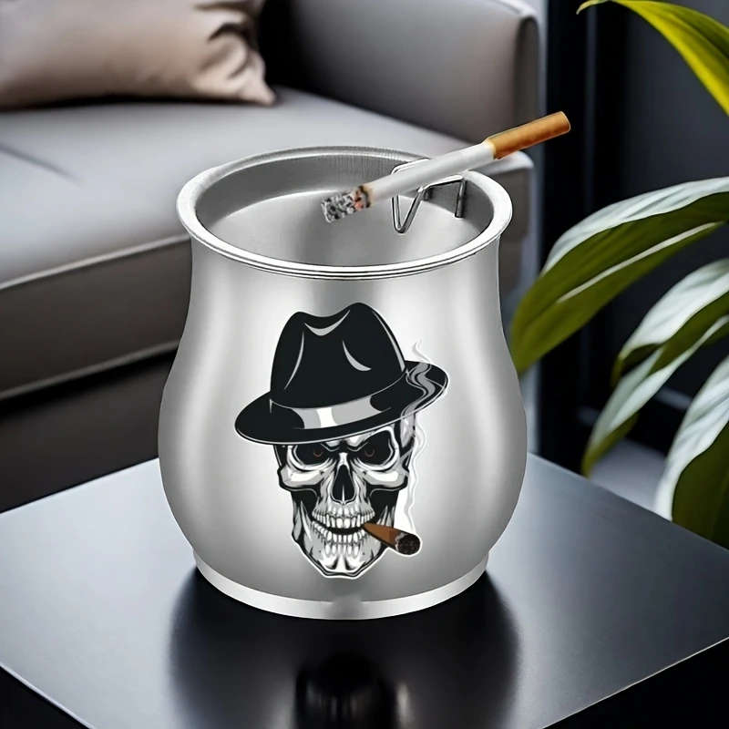 1pc Stainless Steel Ashtray with Lid Skull Pattern Windproof Anti-Fly Ash Creative Funnel Design