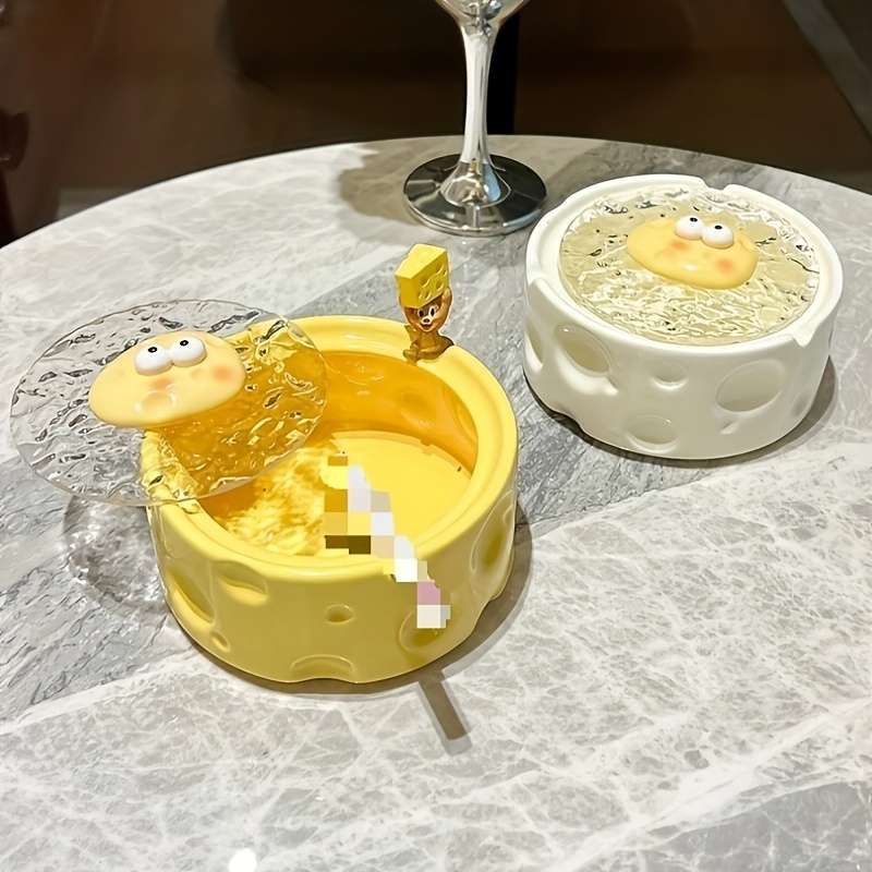 1pc Creative Fun Cheese Ceramic Ashtray with lid soot does not fly can be used for decoration su