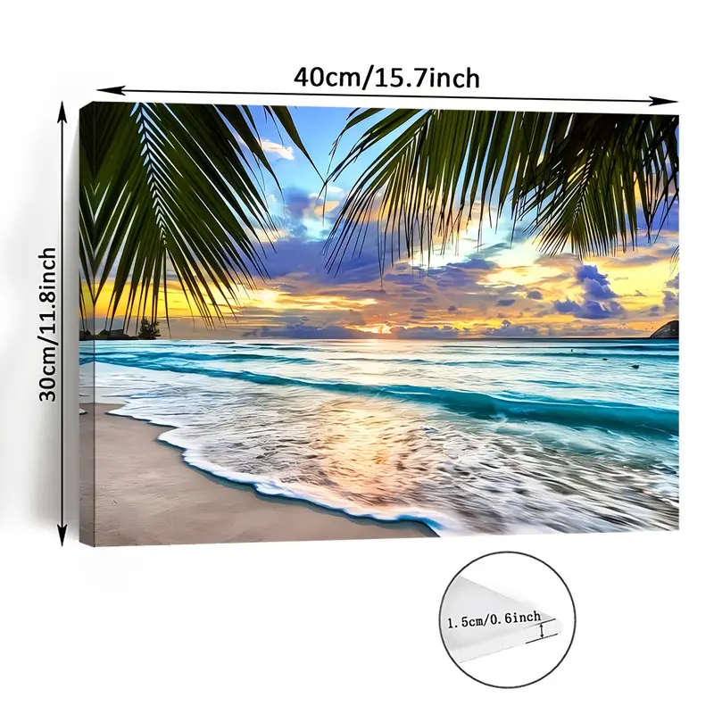 1pc Room Decor Coastal Sunset Beach Canvas Wall Art Tropical Palm Trees Seascape Print Woven Wooden