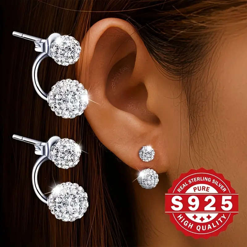 Pair of Women's Rhinestone Ball Earrings, 925 Sterling Silver Plated