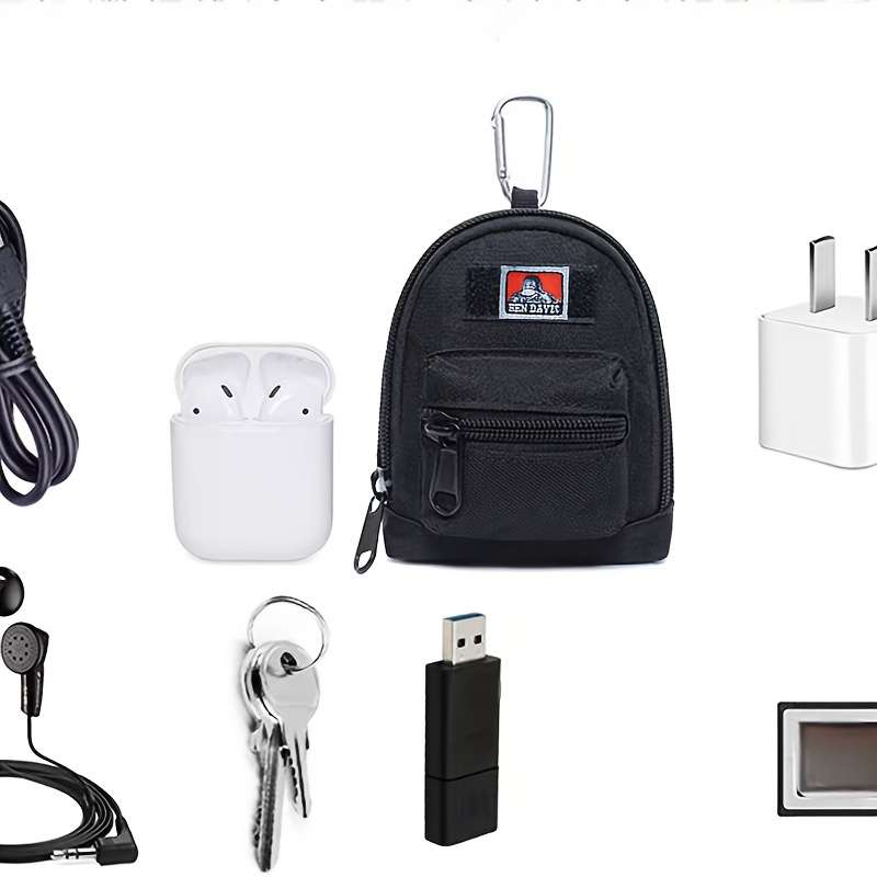 1pc Black Nylon Mini Backpack Key Bag Unisex Compact Wallet Earphone Pouch with Multiple Zipper