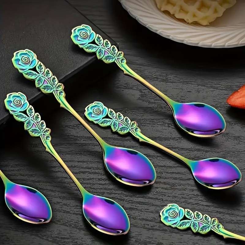 6pcs set stainless steel colored coffee spoon elegant Rose Flower design durable metal Teasp