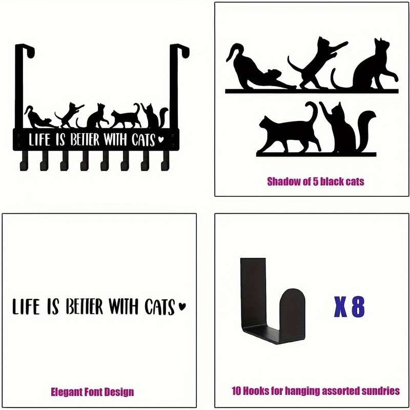 HELLOYOUNG Contemporary Metal Over the Door Cat Hooks 1pc Black Decorative Towel Coat Rack with 8 H