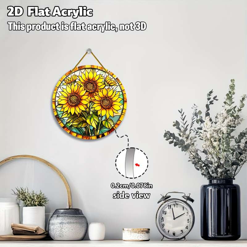 1pc 2D Flat   Sunflower Light Catcher20.32x20.32 cm round acrylic home window wall hang