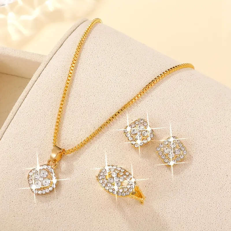 1 Necklace + 1 Pair Of Earrings + 1 Ring with  Rhinestone Jewelry Set