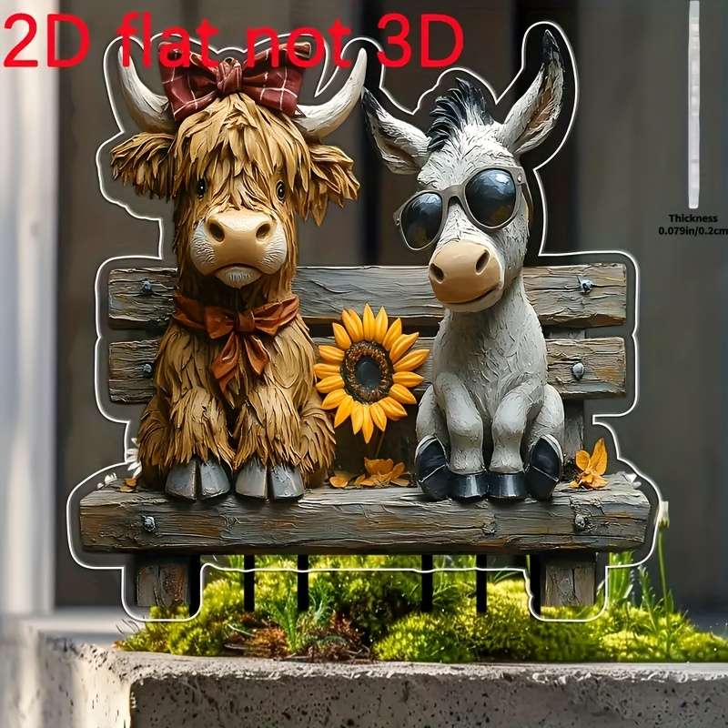 1pc 2D Flat  Country Highland Cow and Donkey Acrylic Garden Stakes Rustic Farmhouse Outdoor Decor