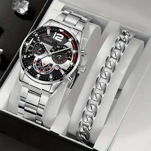 2pcs set Men'S Casual Quartz Watch Alloy Round Dial Battery Powered Electronic Movement Pointer Disp