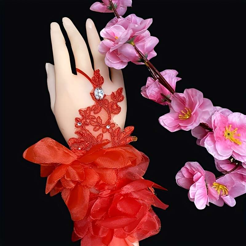 1 Pair Red One Size Elegant Bridal Lace Gloves