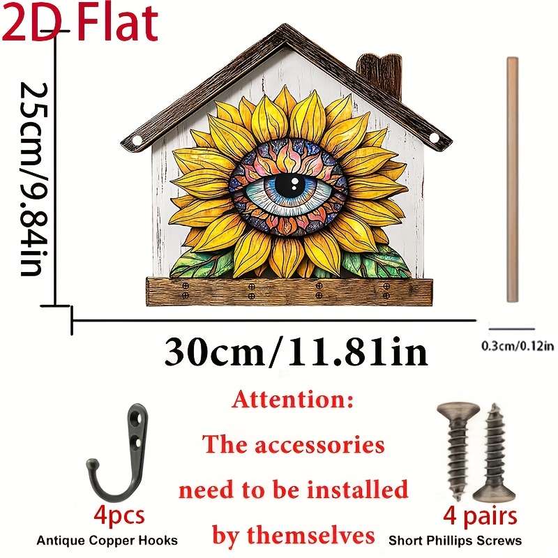 2D/Flat Sunflower Eye Simple Colorful Wooden and Home Key Holder with Four Metal Hooks Wall Decor