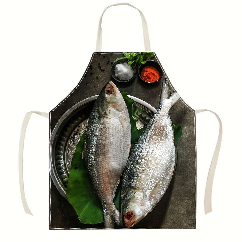 1pc Linen Chef Apron with Fish Design Durable Woven Kitchen Apron for Cooking and Gardening E