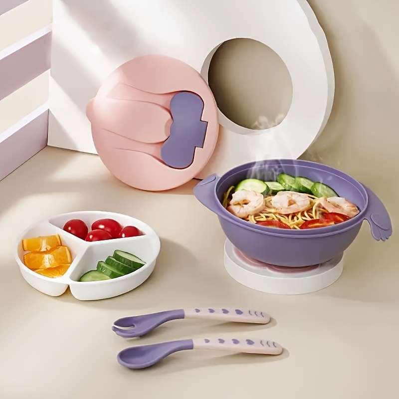 6pcs Baby Feeding Set BPA-Free Plastic Silicone Non-Slip Suction 3-Compartment Plate Ute