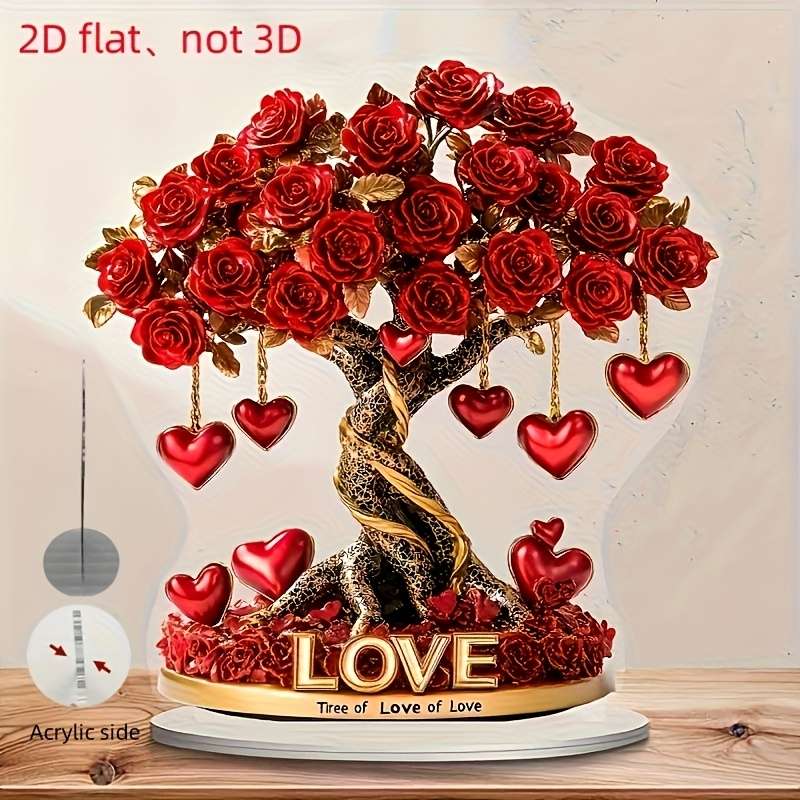 1pc 2D Flat   Bohemian Style Acrylic Heart Rose Tree Decor "Tree of Love" Golden Base with Re