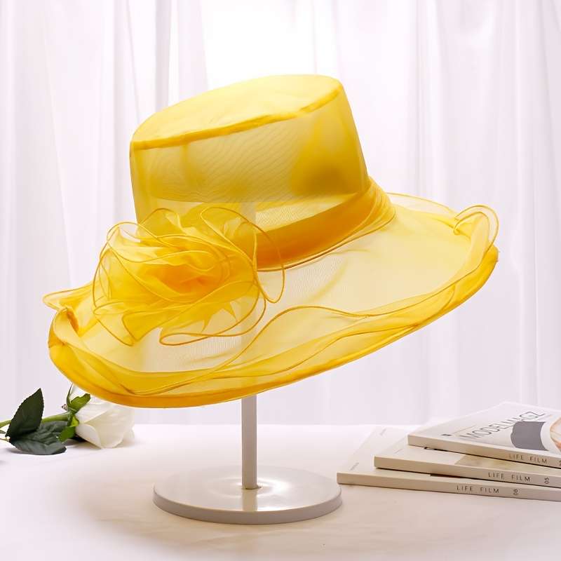 1pc Foldable Flower Organza Sun Hat Elegant Solid Color Mesh Breathable Travel Beach Hats British S