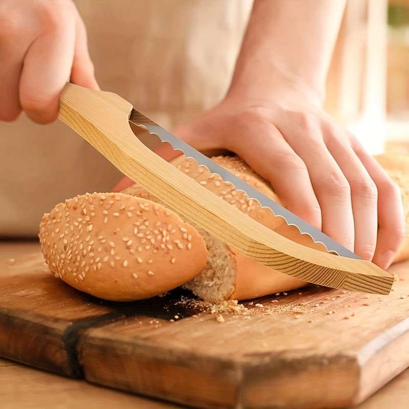 1pc Wooden Bread Cutting Tool Ergonomic Handle Durable Pressed Wood Construction Smooth Edg