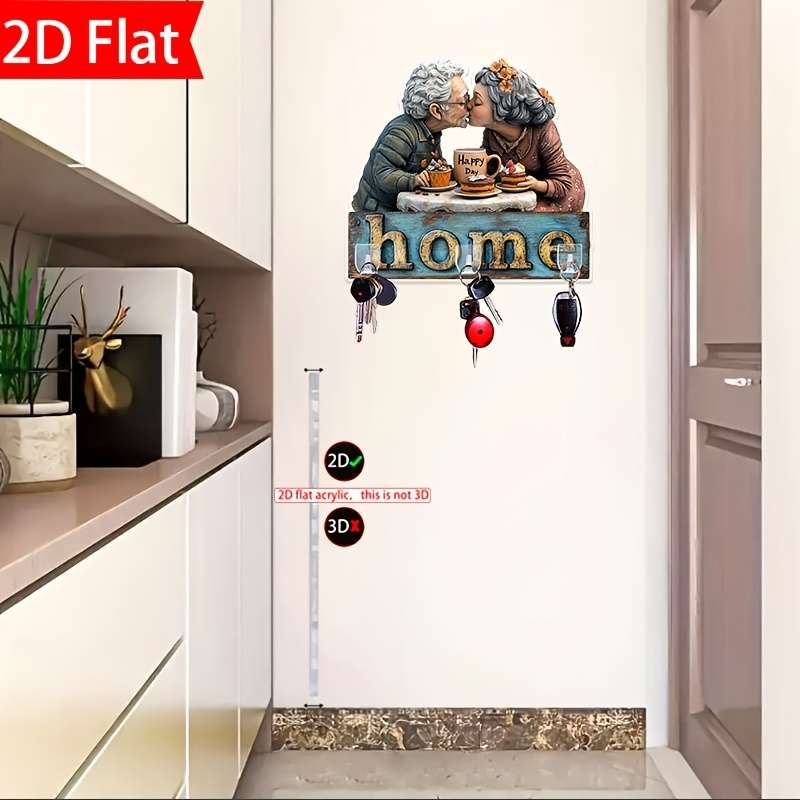 Bohemian Style 2D Acrylic Key Hooks for WallCharming Elderly Couple Design with "HOME" Sign 23.6