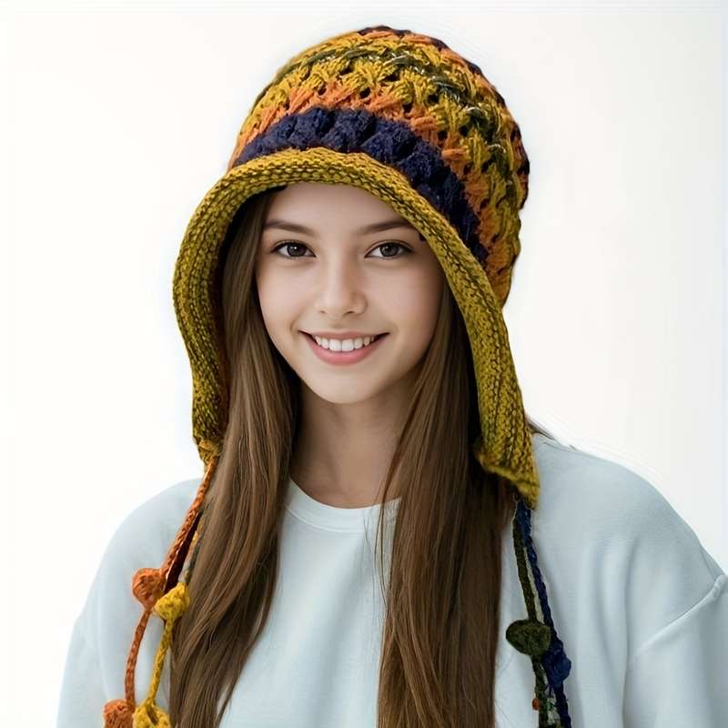 1pc New Autumn and Winter Bohemian Style Handmade Crochet Color Hat Thickened and Warm Dopamine K