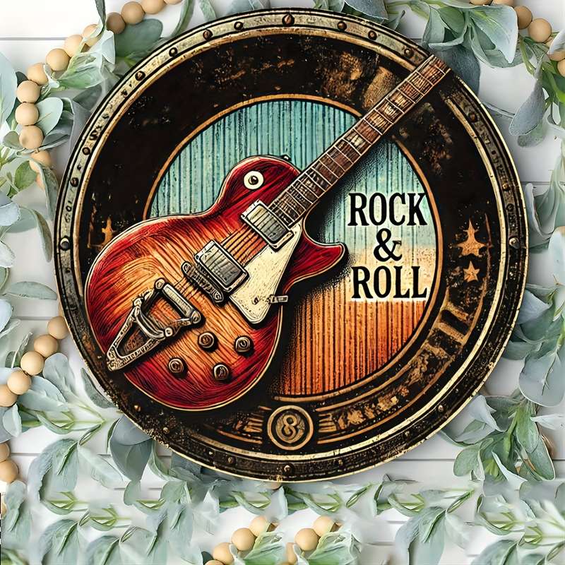 1pc 2D Flat Vintage Rock Roll Guitar Metal Wall Art Sign 20.32x20.32 cm Round Iron Decorative
