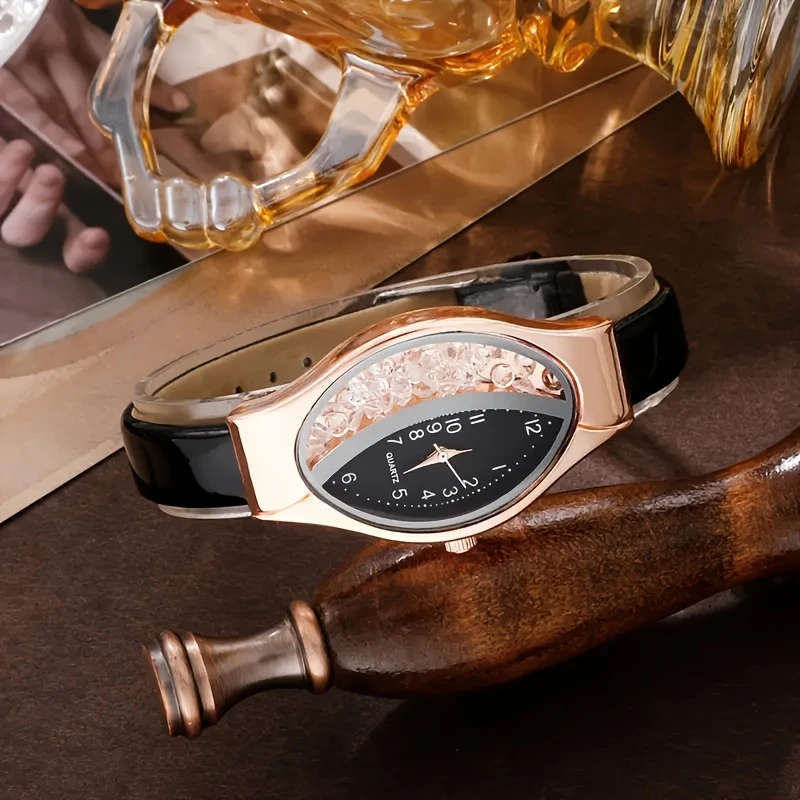 1pc Elegant Black Quartz Watch with PU Leather Strap Zinc Alloy Hands Dial Non-Rechargeable Button B