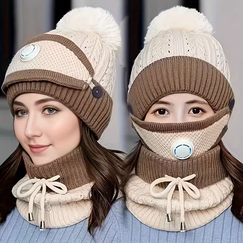 1pc Mask Hat Scarf Women's Autumn and Winter Knitted Hat Thickened and Fleece Warm Ear Protect