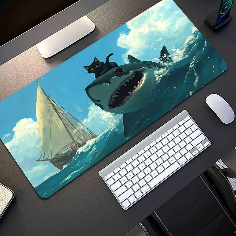 1pc 40x90cm Whimsical Cat Riding Shark Design Soft Non-Slip Mouse Pad Washable Durable Desk Mat