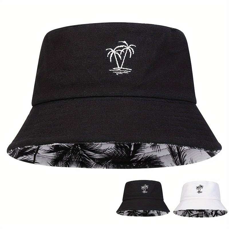 1pc Men'S Reversible Bucket Hat with Tree Embroidery Funky Style Polyester Fishing Cap Casual