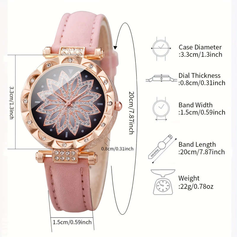 2pcs Set Women's Fashionable Simple Flower Petal Quartz Watch With Bracelet Set Includes Watchband A