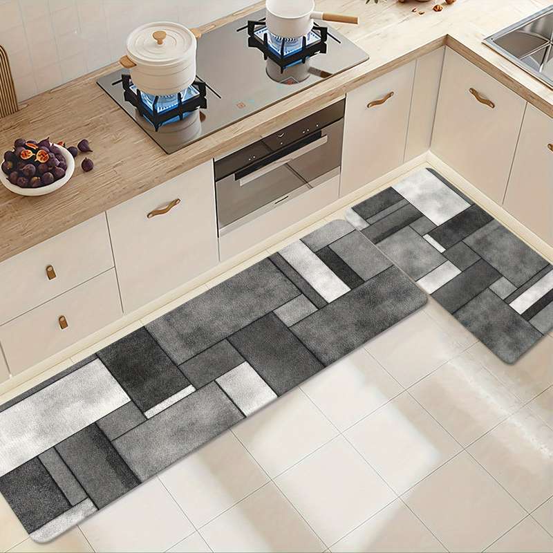 1Pc Gray And White Geometri Square 50x80cm 19.68x31.49inch Floor Mat