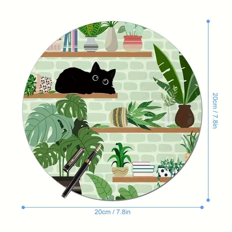 1pc Ergonomic Black Cat Round Mouse Pad for Women and Girls Non-Slip Washable Rubber B