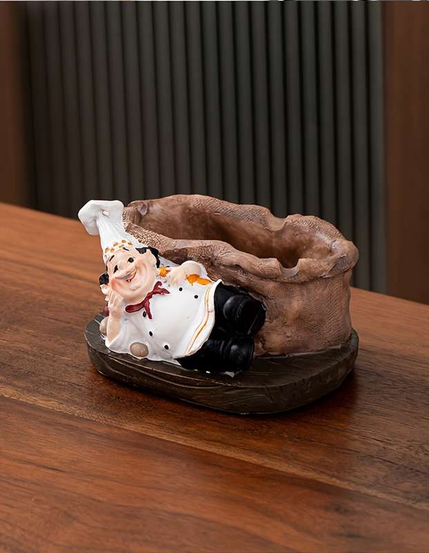 1pc Vintage Chef Ashtray Resin Food-Themed Oval Shape No Power Needed Home Kitchen Deco
