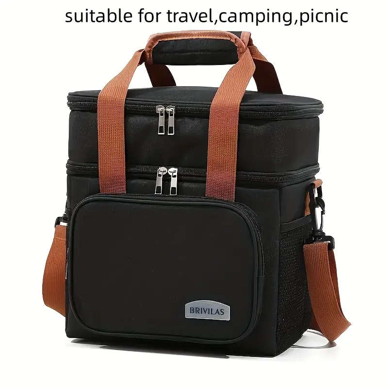 Insulated Lunch Bag Leak-Proof Double-Layer Polyester Reusable with Zippered Pockets