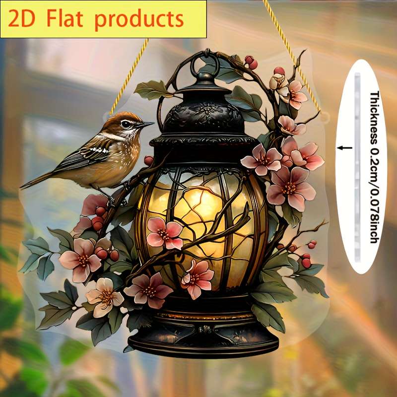 1pc 2D Flat   Acrylic Sparrow and Lantern Sun Catcher Rustic Wall Hanging Decor with Pink Flowe