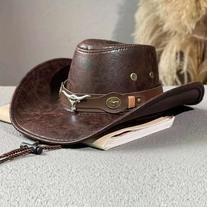1pc Men'S Breathable Cowboy Hat with Rivets PU Leather Vacation Style Outdoor Casual Camping Fi