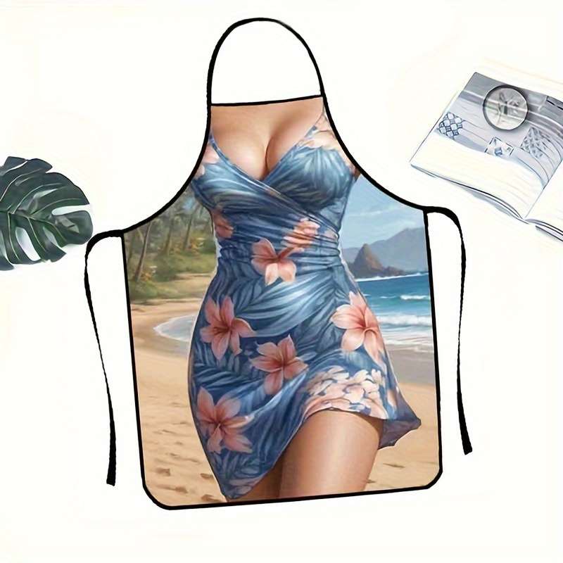 1pc Stylish Tropical Floral Apron Vibrant Blue Pink Flower Design Polyester Woven Fabric