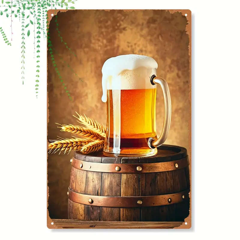 1pc Iron Painting About A Glass Of Beer With Foam On Top Placed On A Wooden Barrel 20x30cm 8x12inch