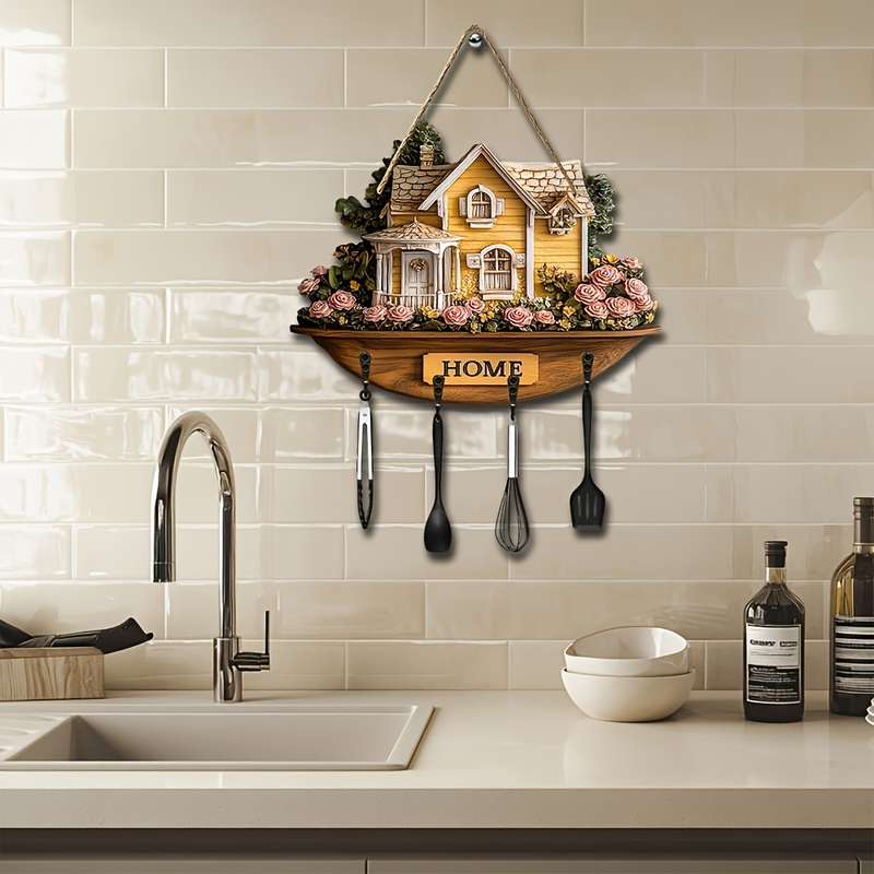 1pc charming flower and house wooden key hanger key storage with hooks four-season multifunctiona
