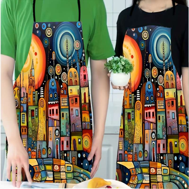 1pc Colorful Art City Pattern Polyester Apron Sleeveless Durable Kitchen Cleaning Bib