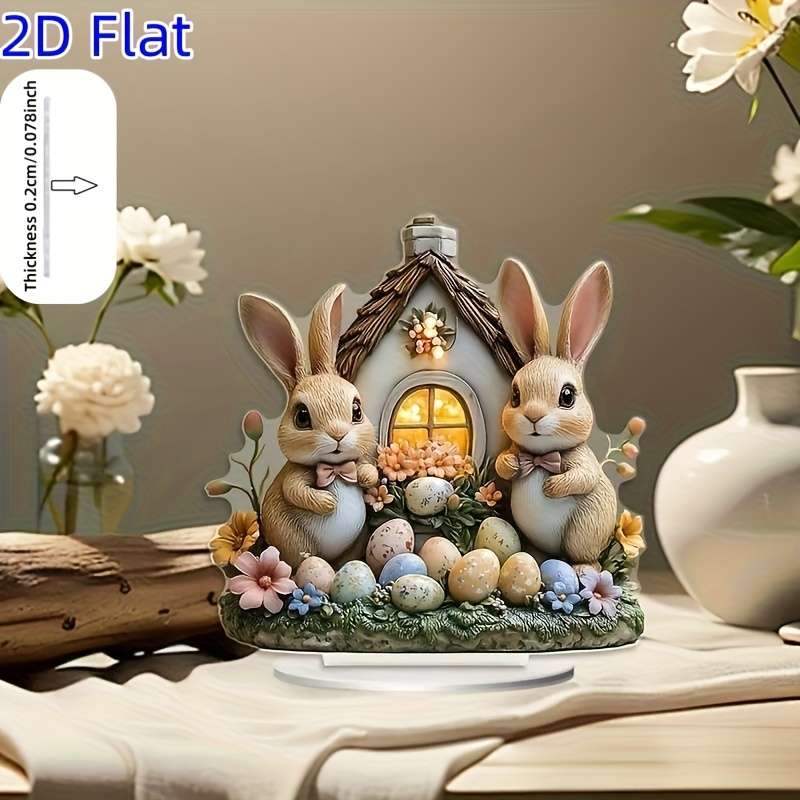 1pc 2D Flat   Easter Bunny Acrylic Sculpture with Luminous Windows No Power Festive Hom
