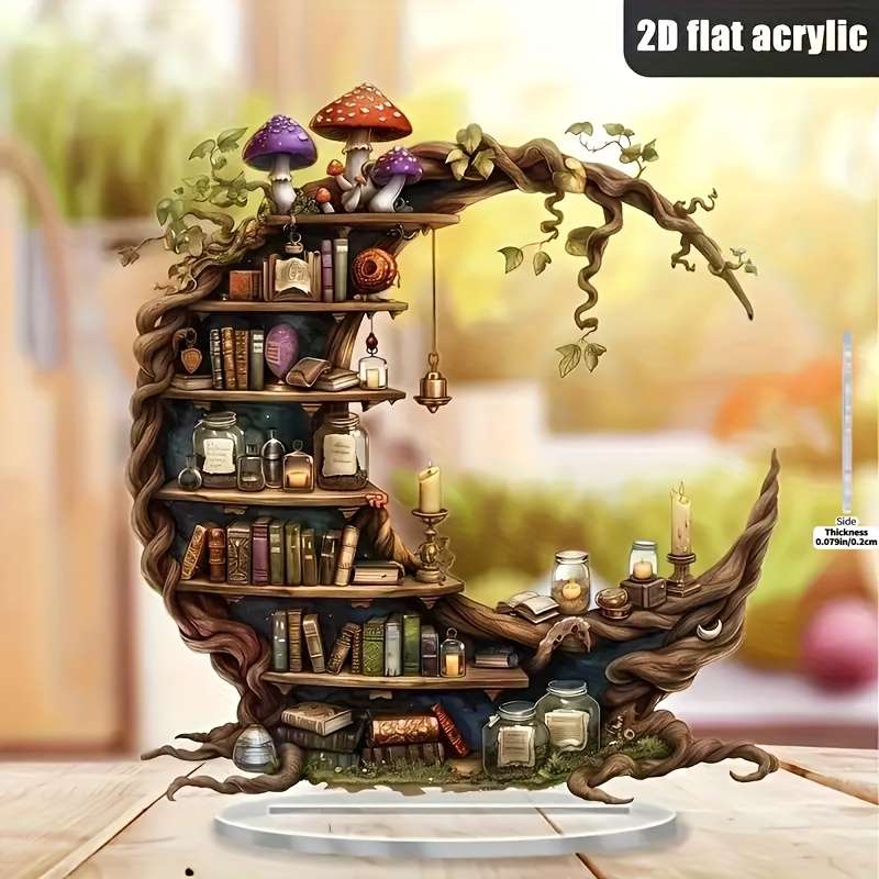 1pc 2D Flat  Acrylic Bohemian Moon-Shaped Bookshelf Enchanting Forest Mushroom Design Perfect f