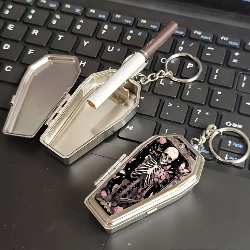 1pc Halloween Rose Colored Coffin Shaped Pocket Ashtray Keychain Portable Mini Ashtray with Li