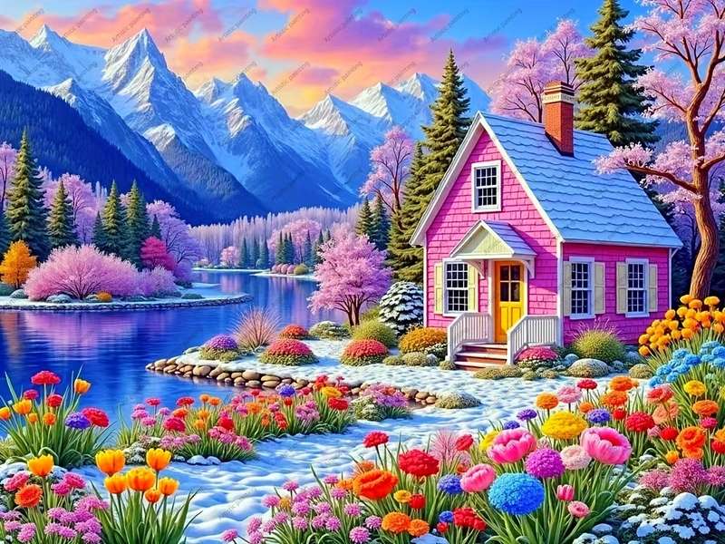 1000pcs Jigsaw Puzzle Serene Pink Cottage Landscape with Vibrant Flowers Snowy Mo