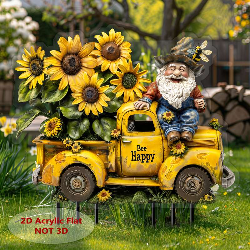 1pc 2D Flat  Acrylic Bee Dwarf Old-Fashioned Male Truck Garden Stake Acrylic Flowerpot Landscape Si