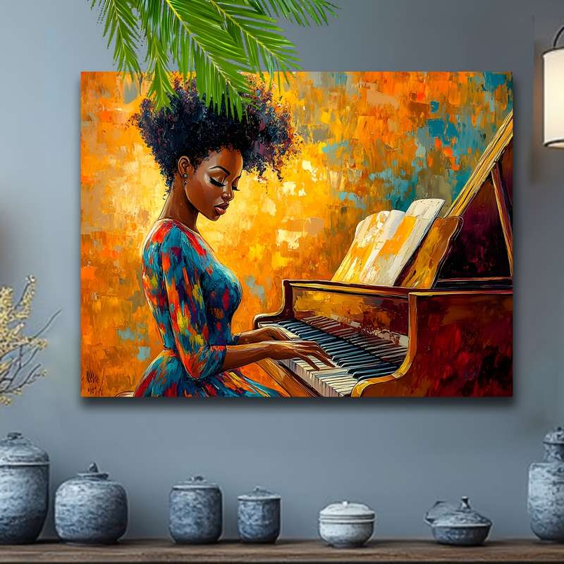 1pc Vibrant African-American Woman Playing Piano Canvas Art with Wooden Frame Colorful Retro Wall