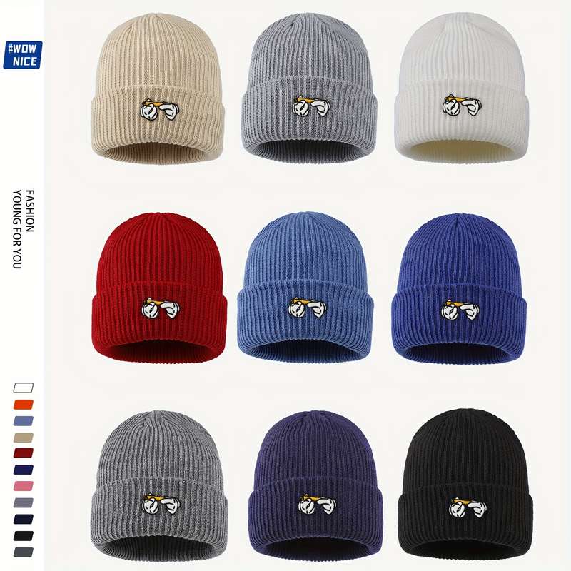1pc Rendy Leaf Embroidered Acrylic Beanie Unisex Cartoon Cigarette Design Knit Skull Cap Lightwei