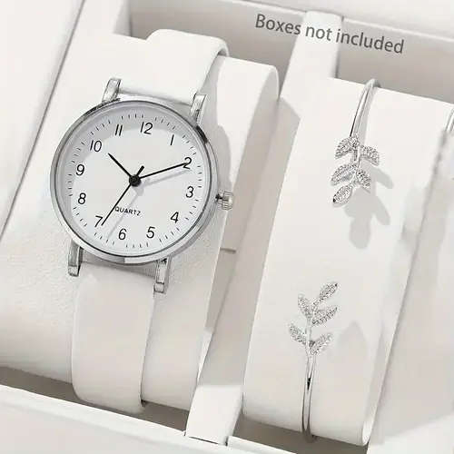 2pcs Women's Simple PU Leather White Quartz Watch + Fashion Leaf Open Bracelet Set Valentine's Day E