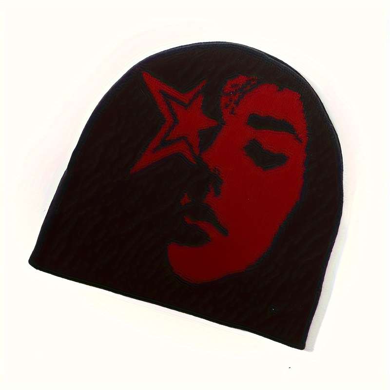 1pc Star Face Jacquard Knit Beanie for Women and Men Acrylic Stretchy Skull Cap Lightweight Unise
