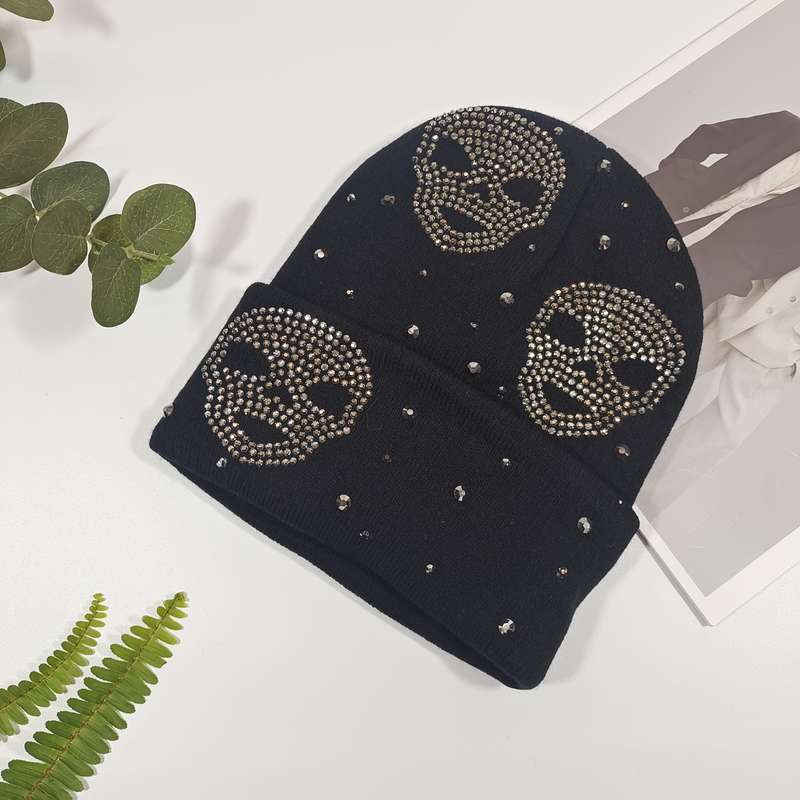 1pc Women'S Black Acrylic Beanie with Sparkling Rhinestones Stylish Double-Layer Knit Hat for Fal