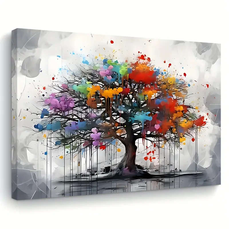 1pc Room Decor Colorful Tree of Life Canvas Wall Art Wooden Framed Vibrant Abstract Print Bachelor P