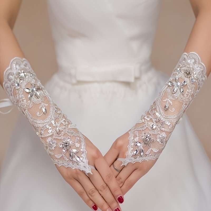 1 Pair White One Size Lace Wedding Gloves